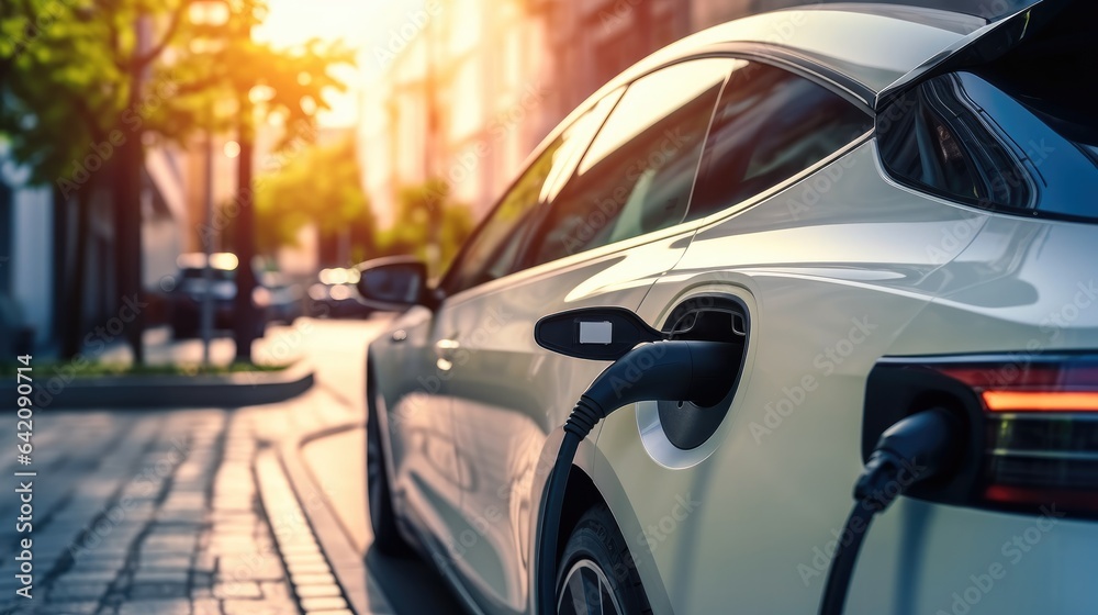 Electric modern vehicle charged with electrofuels at car electric station.