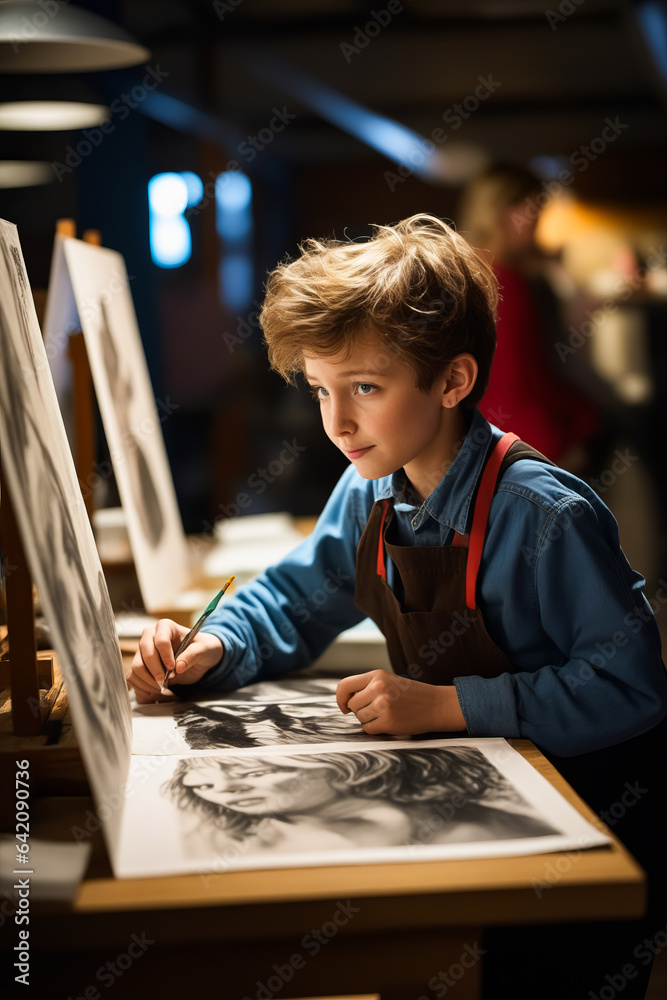 Young boy is drawing on canvas with pencil and brush.