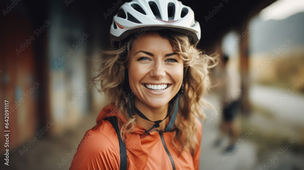 Happy beautiful woman in protective helmet riding bike exploring at city.