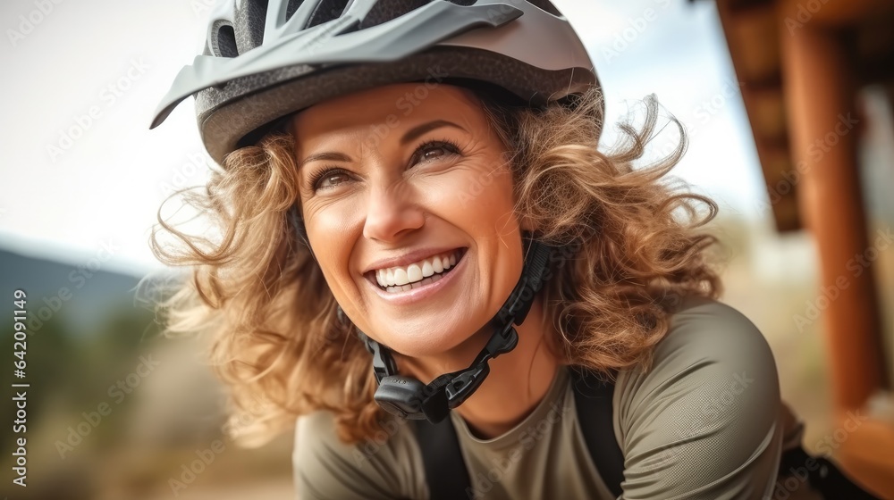 Happy beautiful lady in protective helmet riding bike exploring city, Enjoying.