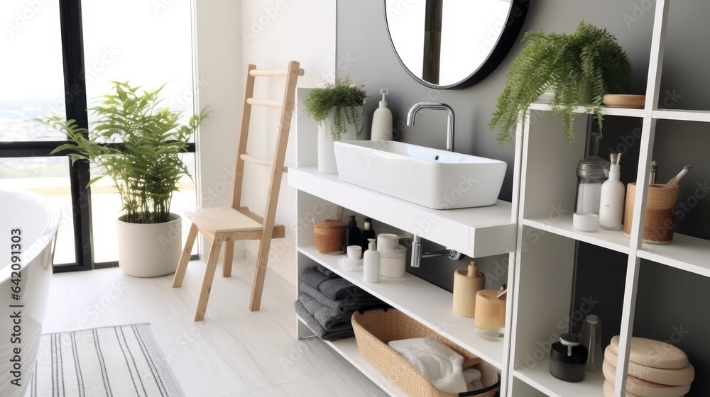 Interior of an elegant bathroom, Sink bowl on wooden cabinet and shelving unit.