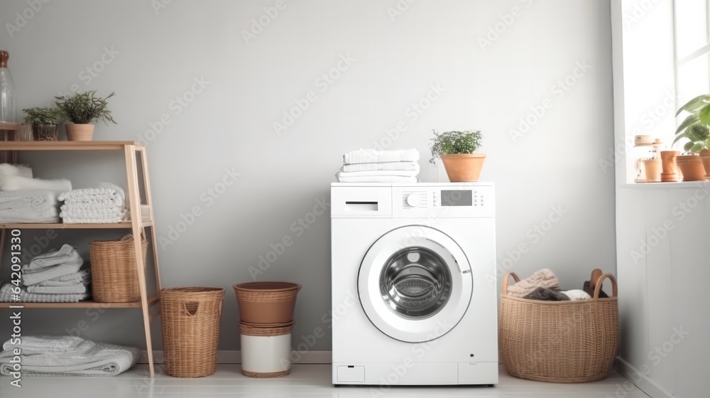 Modern bathroom with washing machine at home, Basket with dirty laundry.