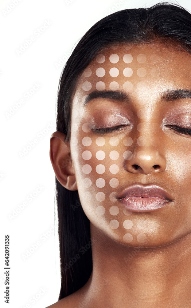 Beauty, 3D face scan and a woman in studio isolated on white background for transformation. Skincare