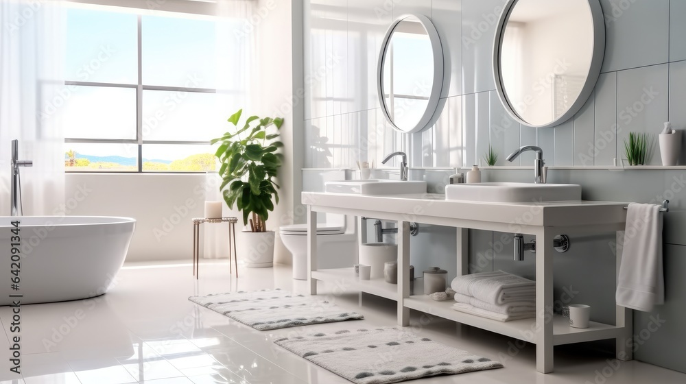 Comfortable and tidy toilet toiletries, sink, mirror and table, Interior of bathroom in modern house