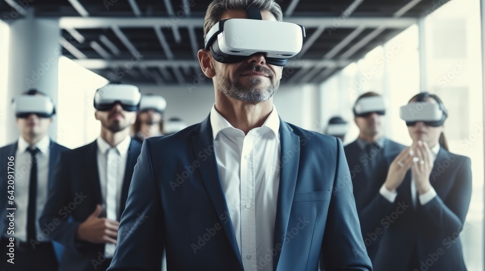 Business people having a meeting in office with VR glasses.