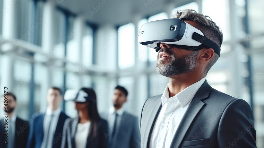 Business people having a meeting in office with VR glasses.