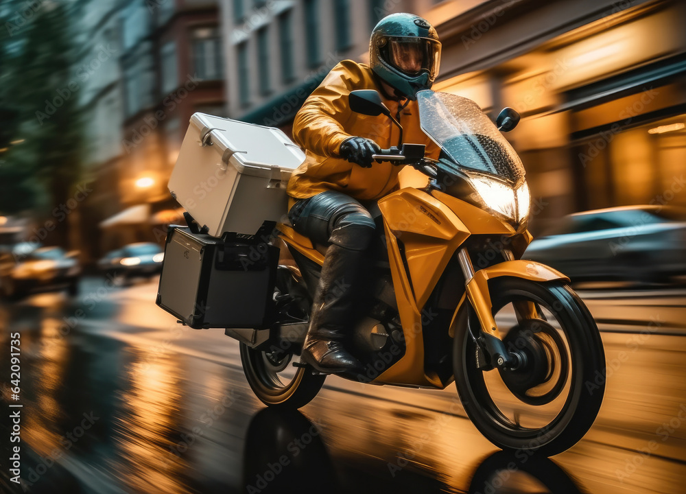 Modern delivery motorcycle driving on road in city.