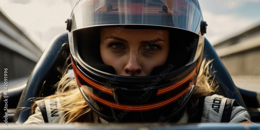 Portrait of a professional woman sports car racer in a helmet driving auto on the track.