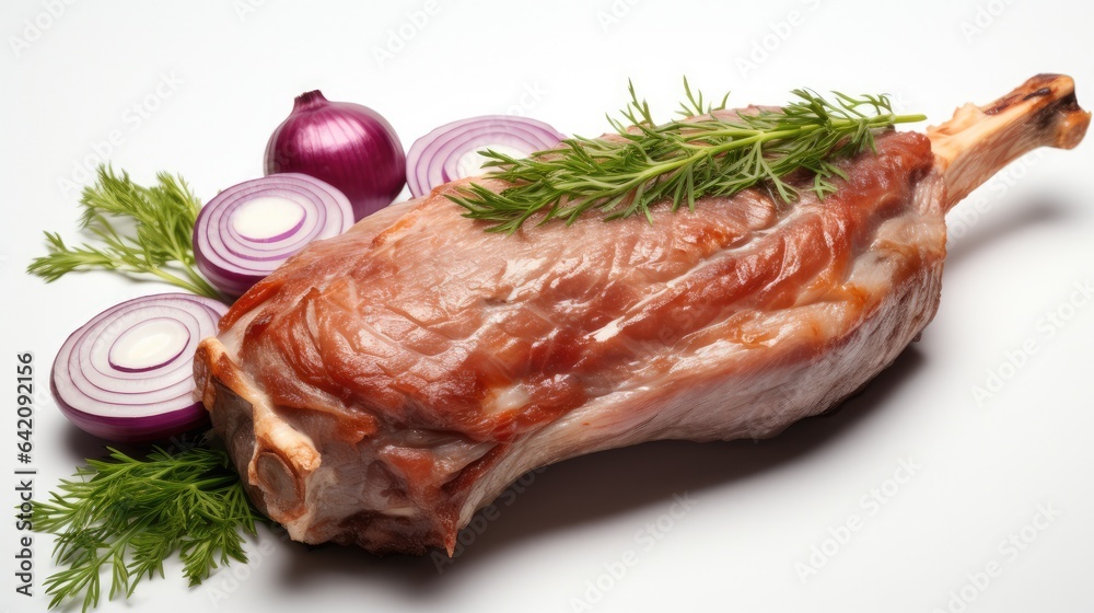 Premium goat leg with onions isolated on white Background.