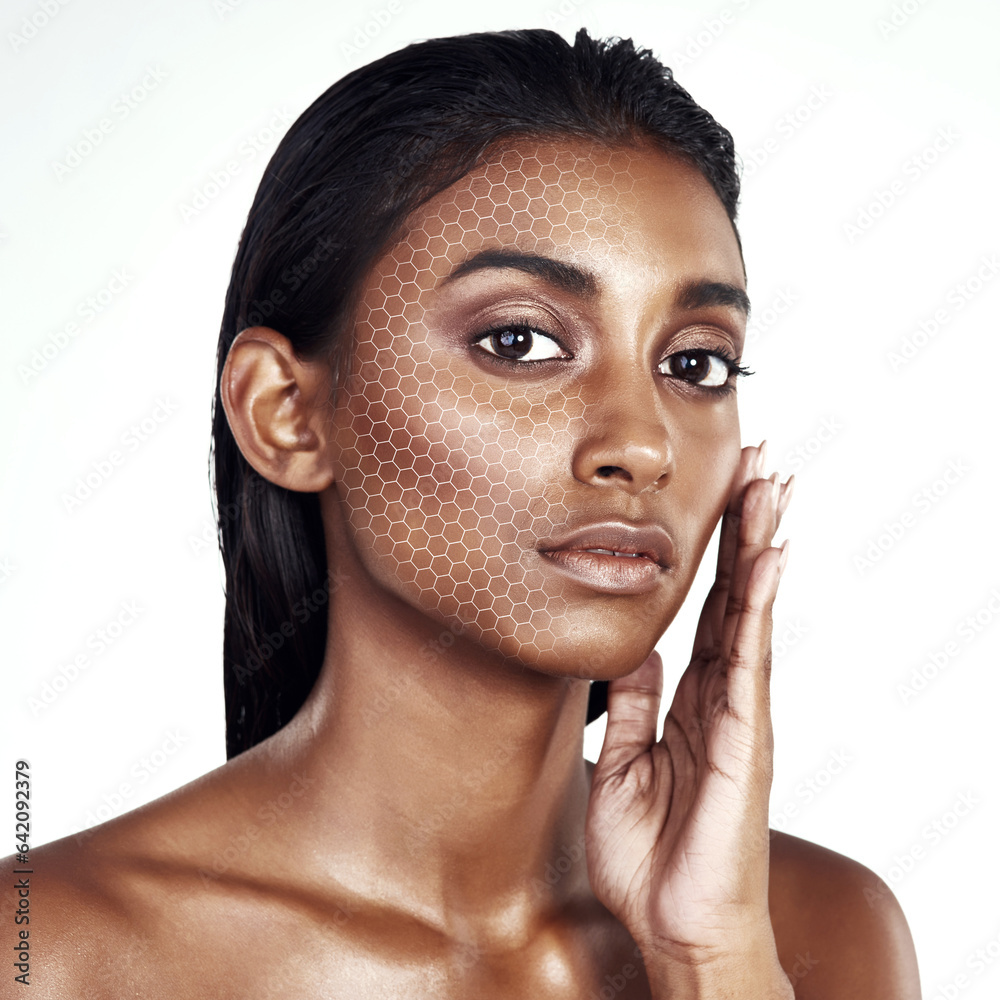 Woman, portrait and skincare with overlay on face in beauty, dermatology or makeup against a white s