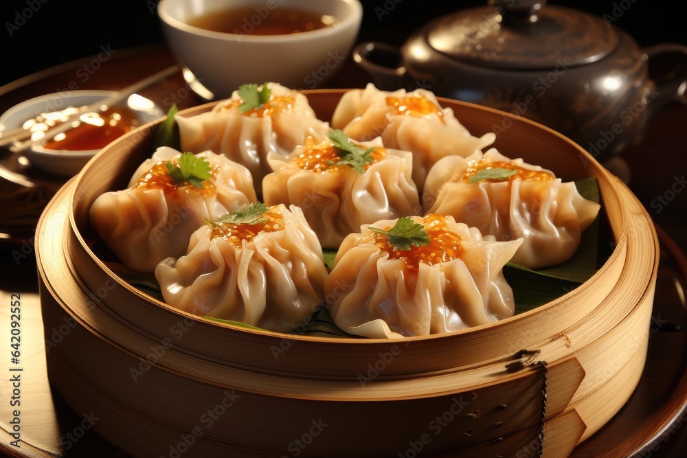 Shumai placed in basket.