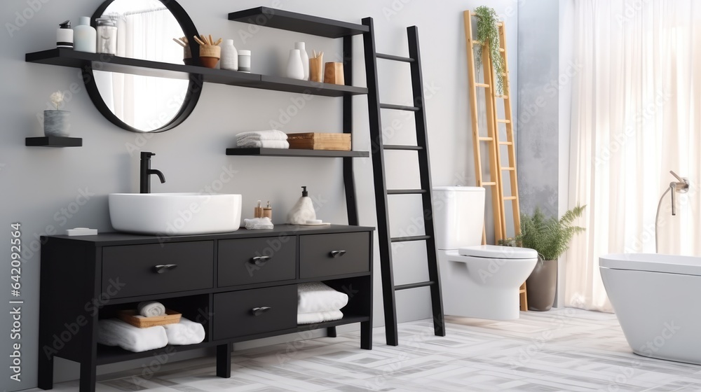 Bathroom and wash basin with shelving unit, Modern bathroom.