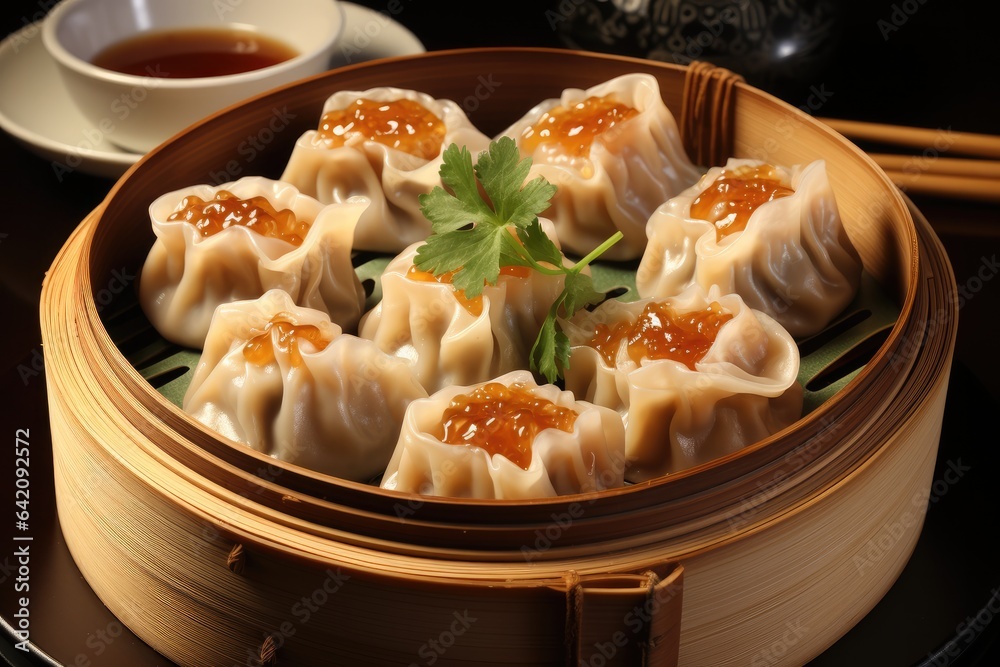 Shumai placed in basket.