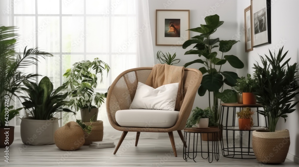 Stylish room with comfortable armchair and beautiful plants in modern house, Interior design.