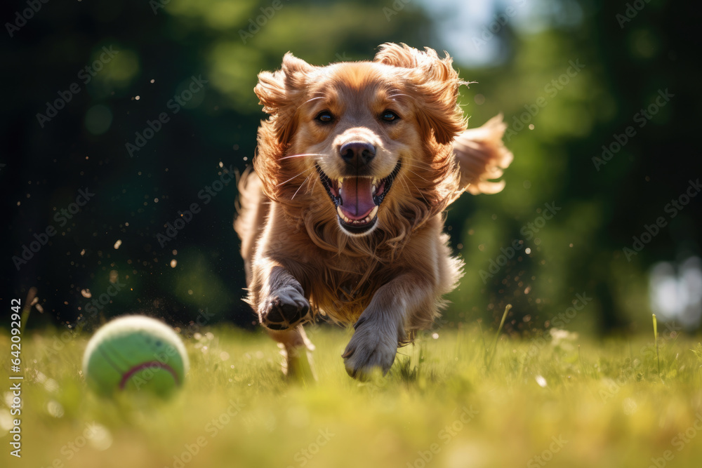 Happy dog plays with ball on green grass lawn