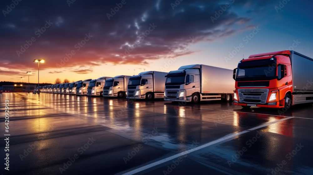 Car parking lot, Semi-Truck parked, Truck stop on Rest area On the highway.