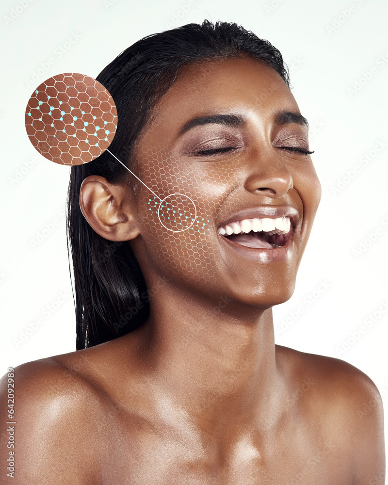 Happy, pores and a woman for skincare evaluation, acne search or cosmetic exam on a white background