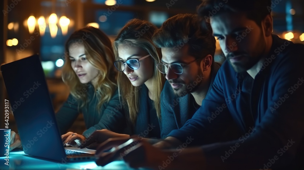 Female and male creative business person working together in modern office interior studio late nigh