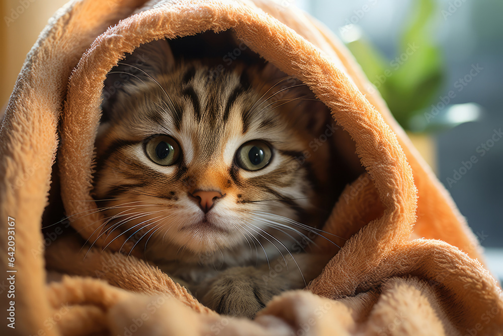 cat wrapped in a blanket after taking a bath