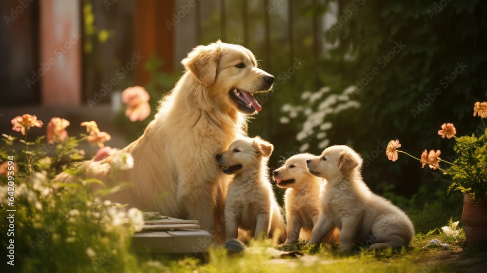 Happy female dog with three puppies in the courtyard of the townhouse in summer, selective focus.