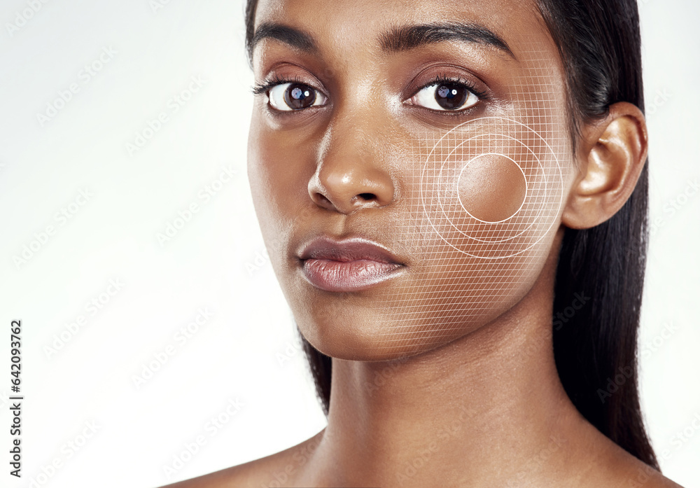 Portrait, target and facial recognition for skincare with a woman in studio isolated on white backgr