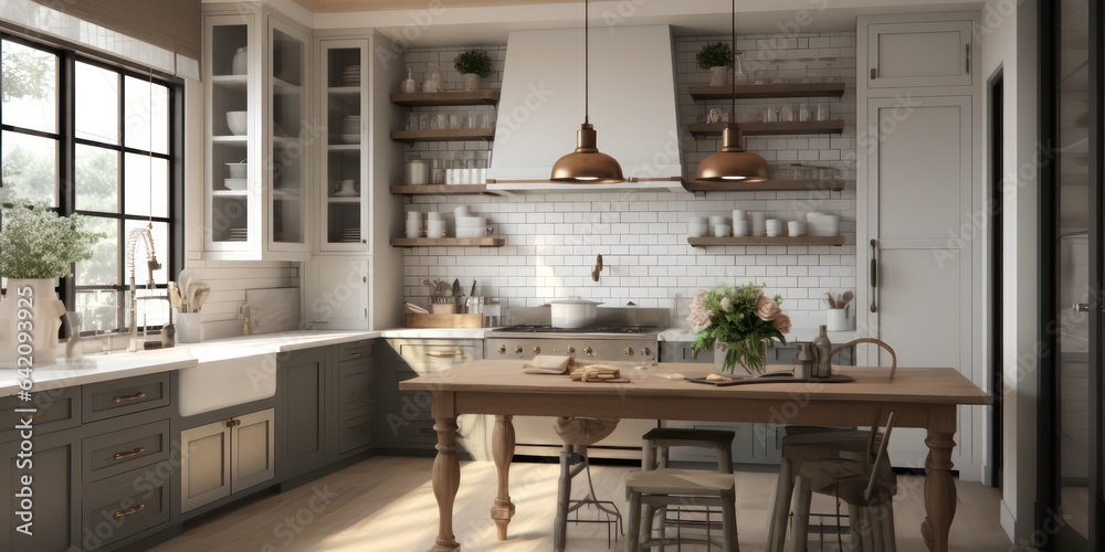 Interior design or bright white modern kitchen, fresh vegetables fruit wooden table, empty renovated