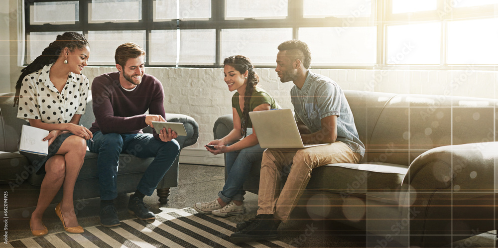 Meeting, technology and overlay with a business group in an office lounge for planning or strategy. 