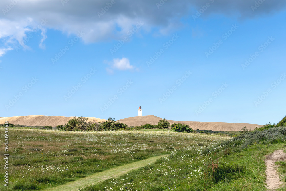 Rubjerg Knude Lighthouse on the coast of the North Sea in the Jutland in northern Denmark. Natural l