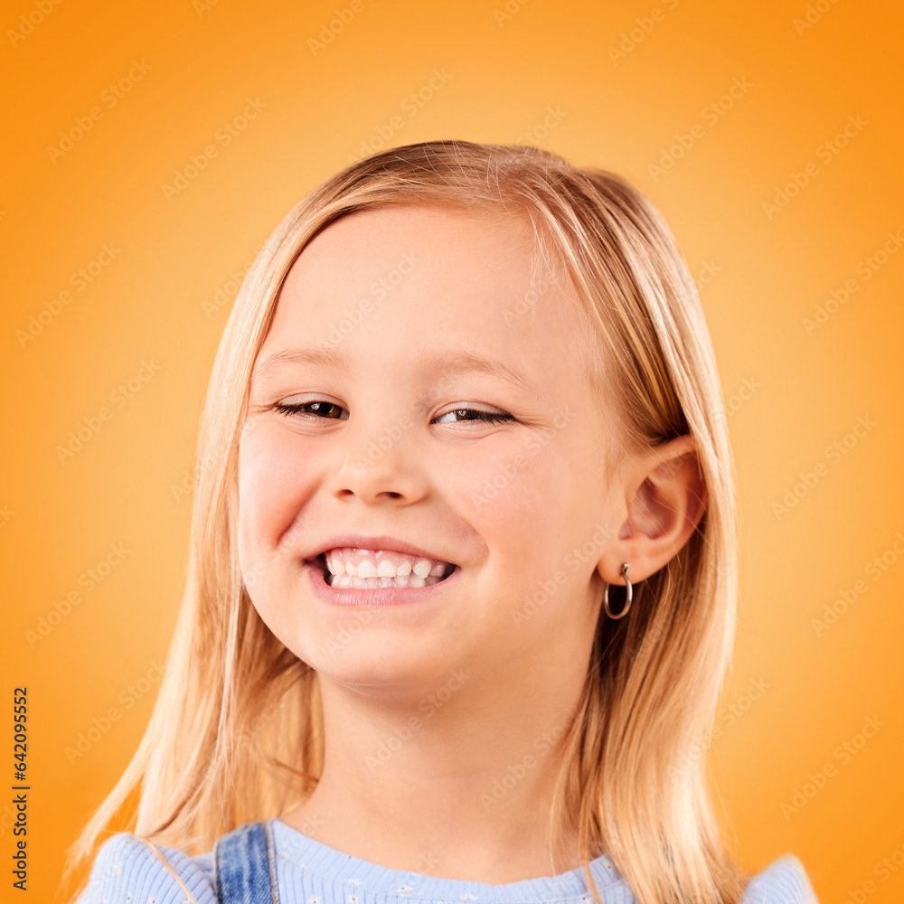 Happy, smile and portrait of girl on orange background with happiness, joy and excited in studio. Ca