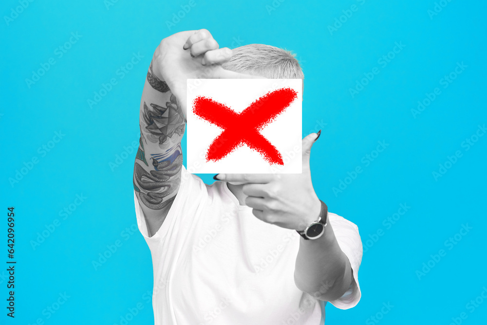 Stop, finger frame or woman in studio to block censored profile picture on box or blue background. H