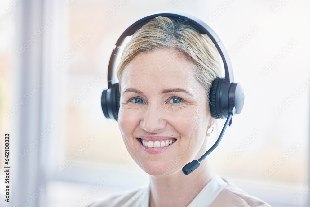 Call center, portrait and woman, consultant or agent in telemarketing, customer support or services.