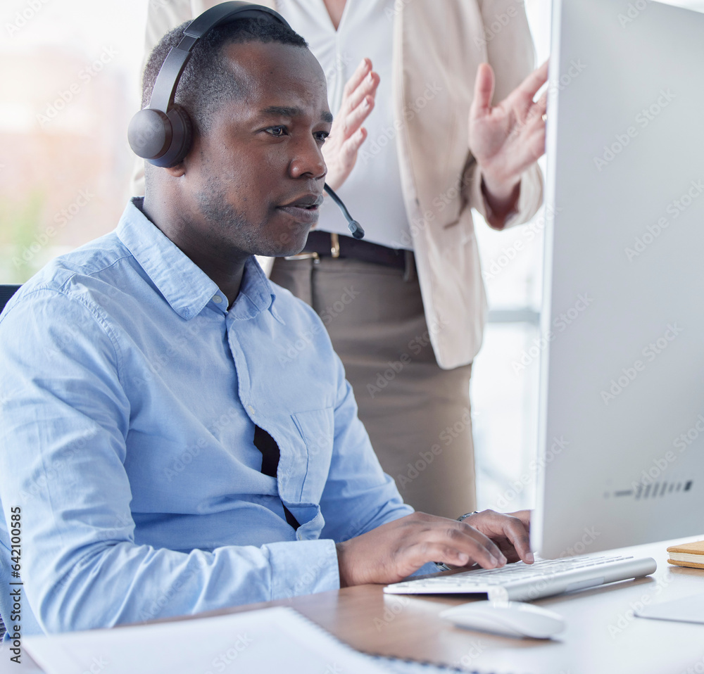 Black man, training and call center support, planning or communication, telemarketing and computer a