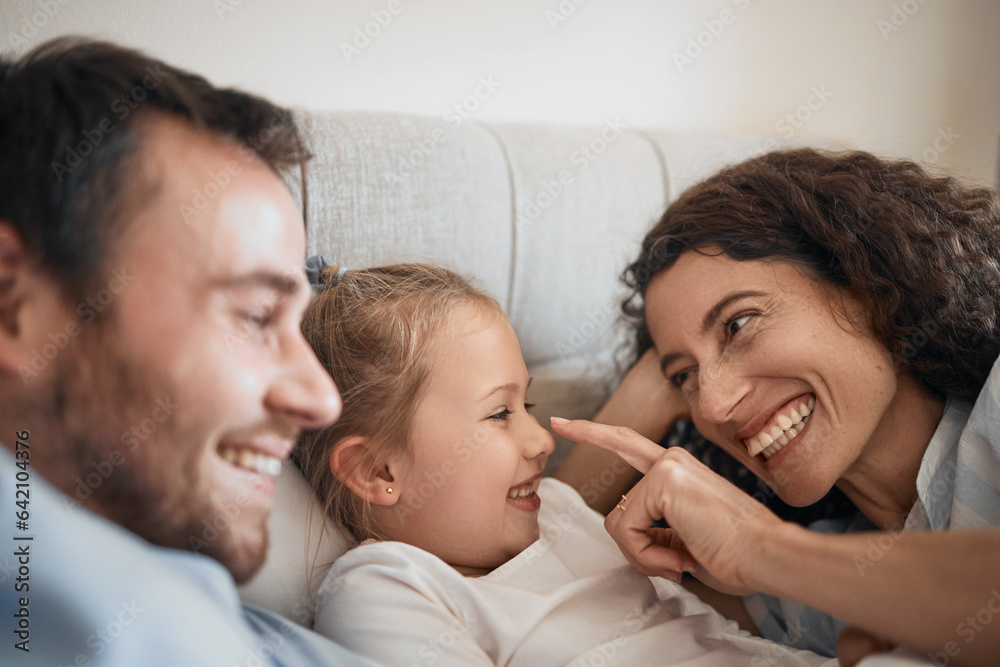 Love, happy and a family in bed for bonding, playing and together in a house for comfort. Smile, car