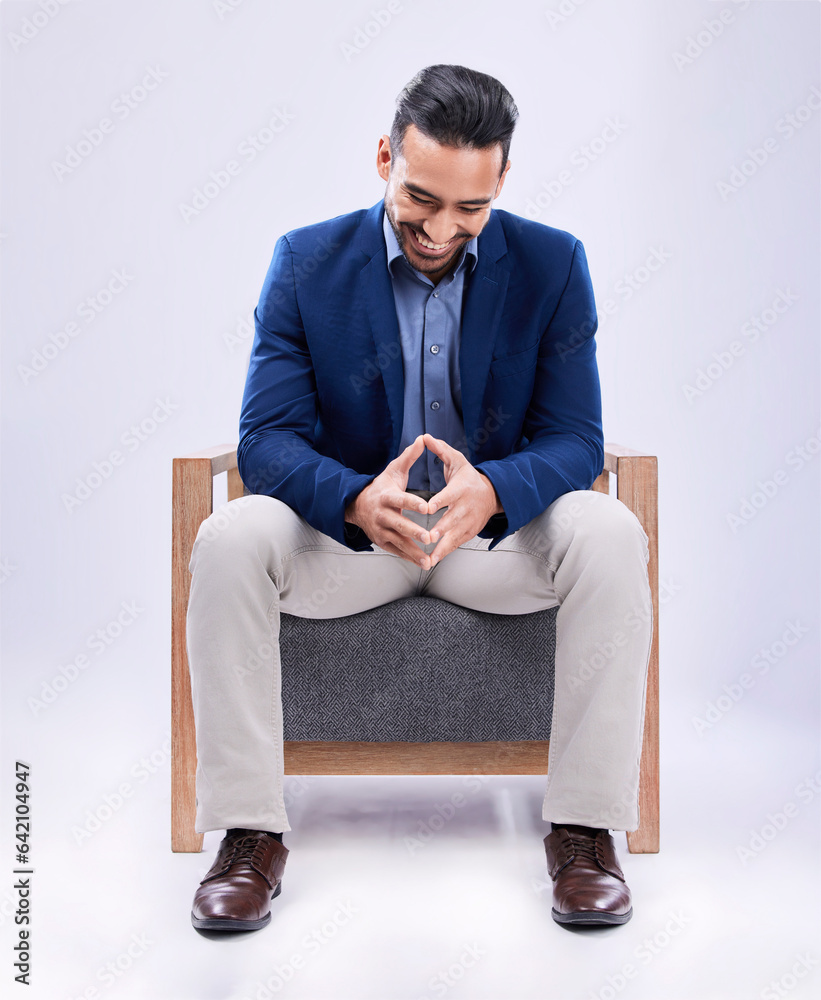 Smile, professional and businessman on a chair in a studio with confidence, confidence and law caree