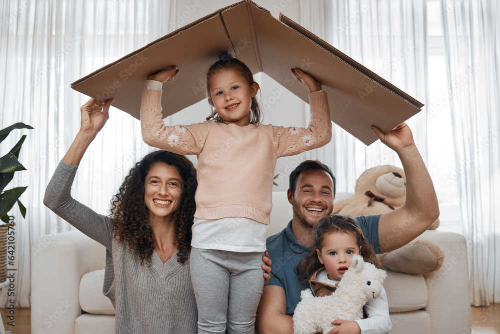 Parents, kids and cardboard roof in portrait, smile or excited for security, property investment or 