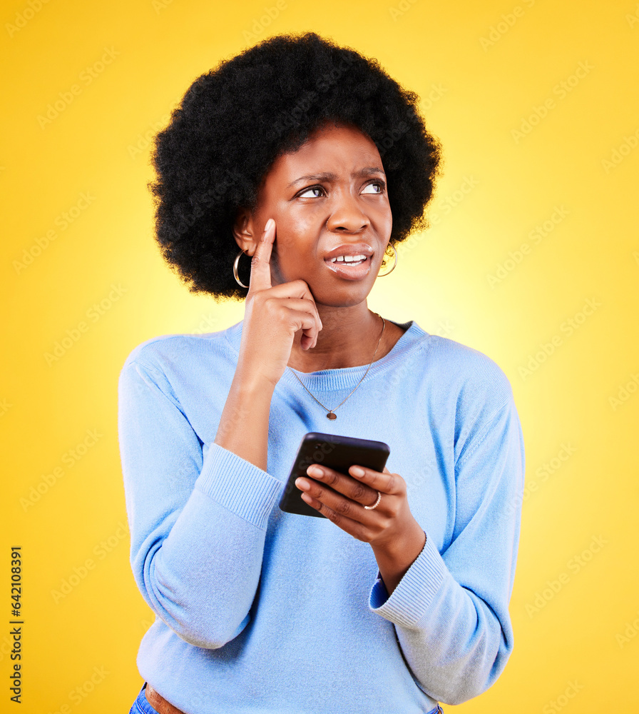 Confused, thinking and black woman with mobile for a chat, communication or an app. Website, contact