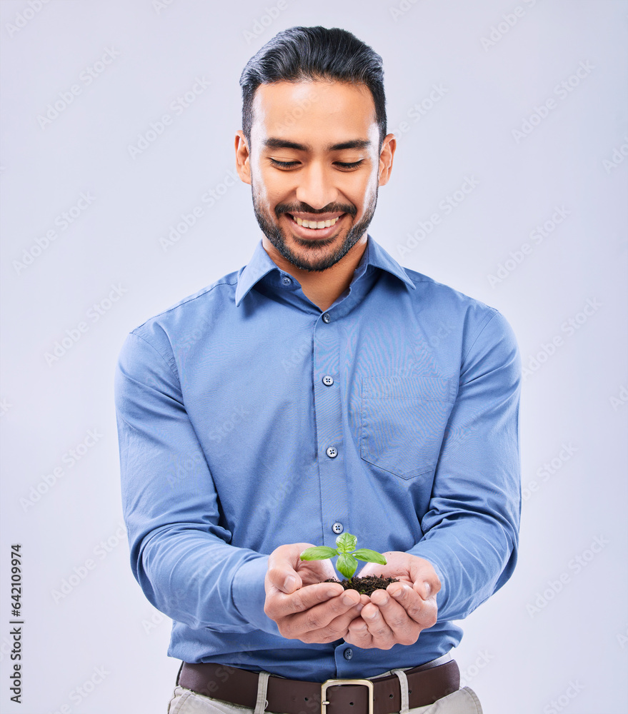 Development, sustainability and businessman happy with growth isolated in a studio white background 