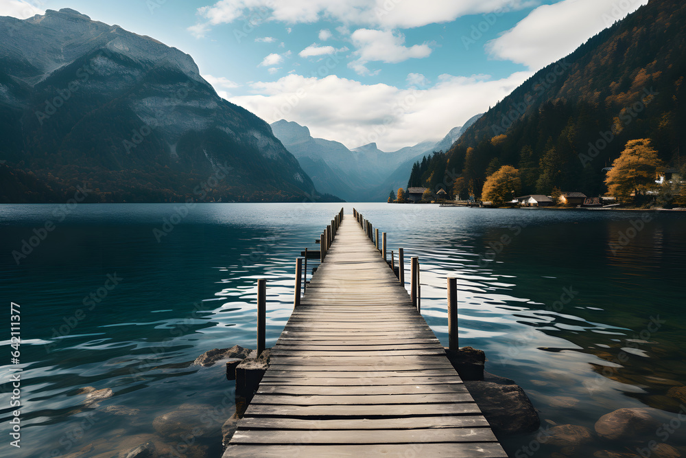 Pier at a lake in hallstatt. nature background