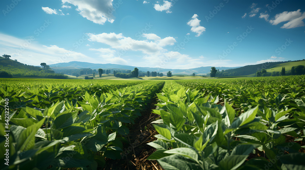 View of soybean farm agricultural field against sky