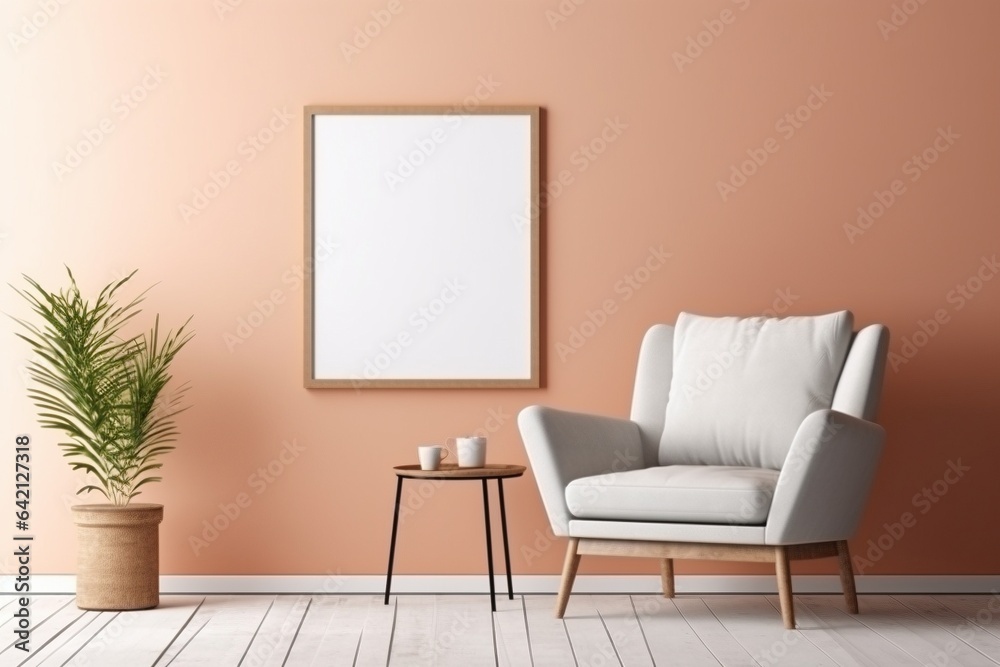 minimalistic lounge setting with empty photo frame on wall for mock up