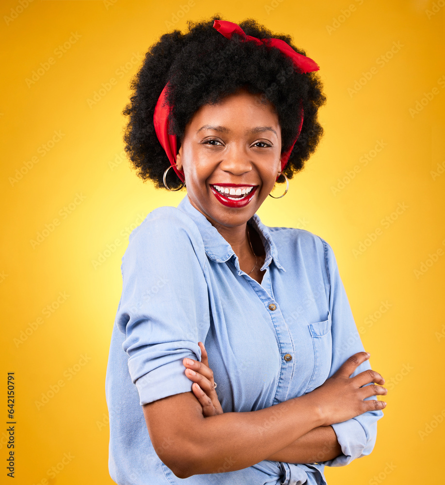 African woman, arms crossed and smile in studio portrait, makeup or beauty with clothes by yellow ba