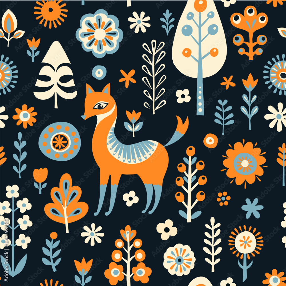 Simple minimalist Scandinavian seamless pattern with fox, forest and flowers