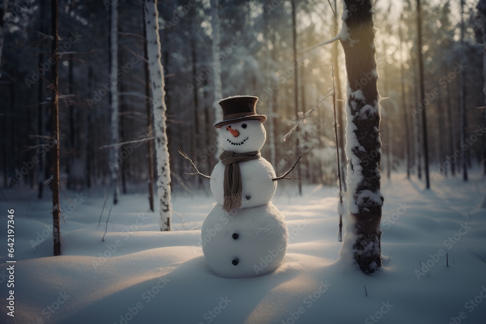 A snowman in a spruce forest in a bowler hat, with a scarf and a carrot