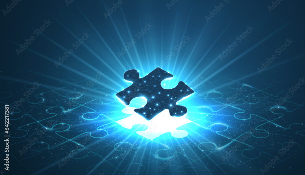 Single puzzle under a puzzle pattern with a shining bright puzzle hole. 3d abstract low pole.