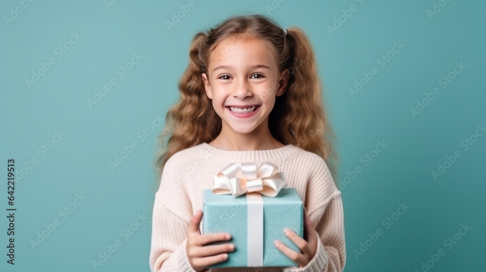 Girl with gift box on vivid background