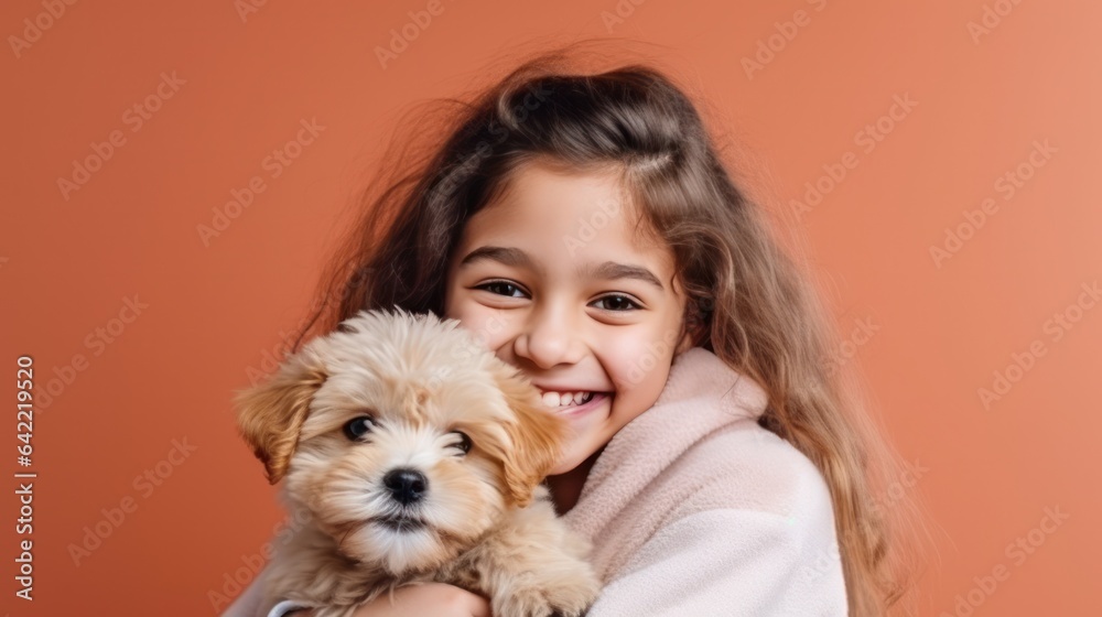 Happy girl with cute little puppy