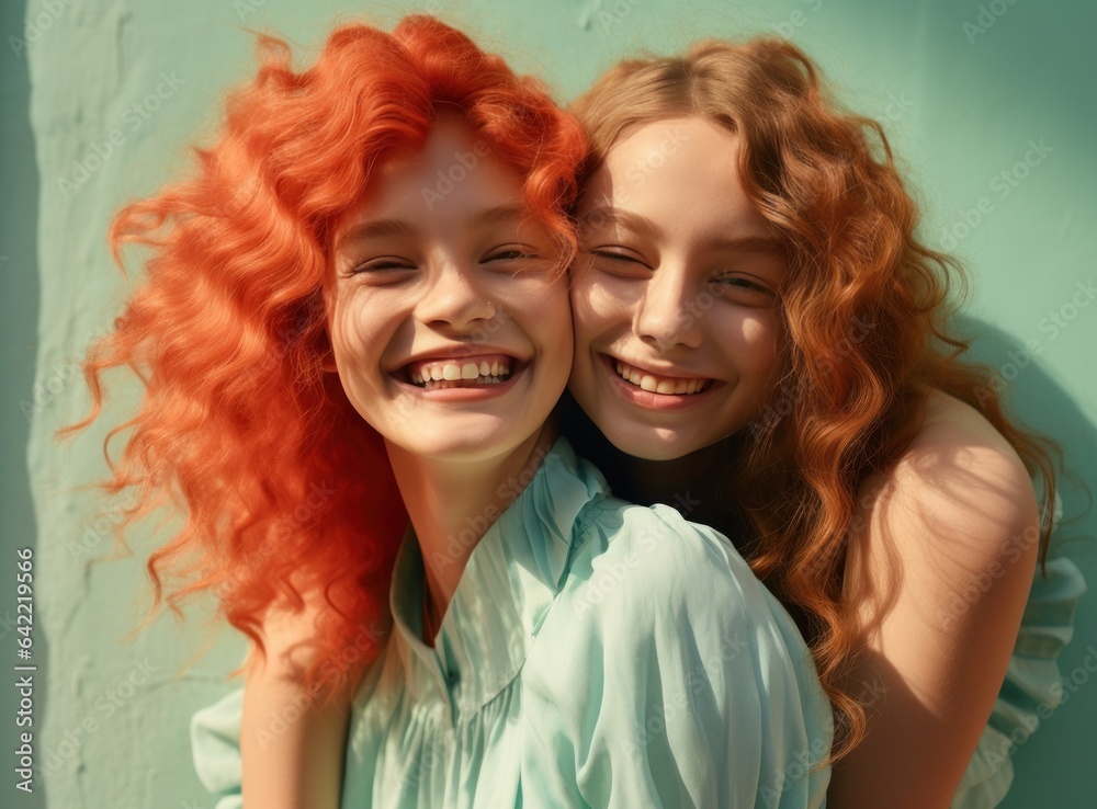 Two sisters are hugging and smiling happy together