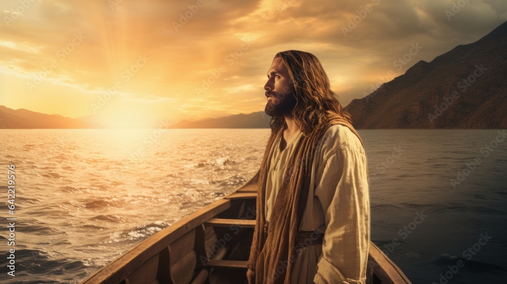 Jesus walking toward a canoe in the lake