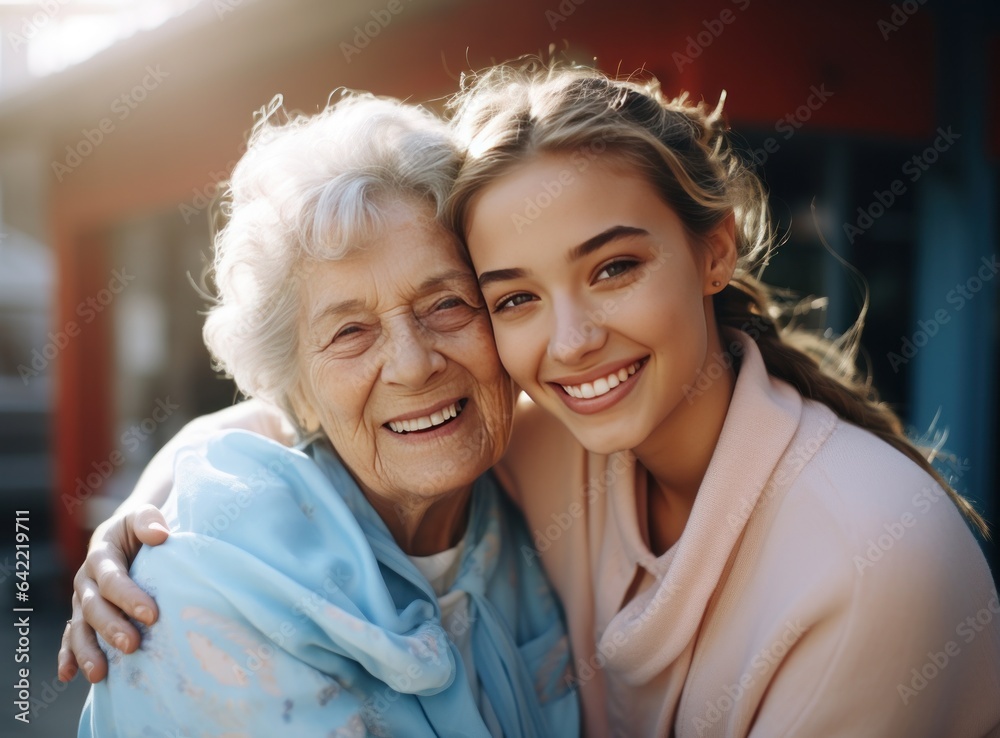 A young lady embraces her grandmother while smiling