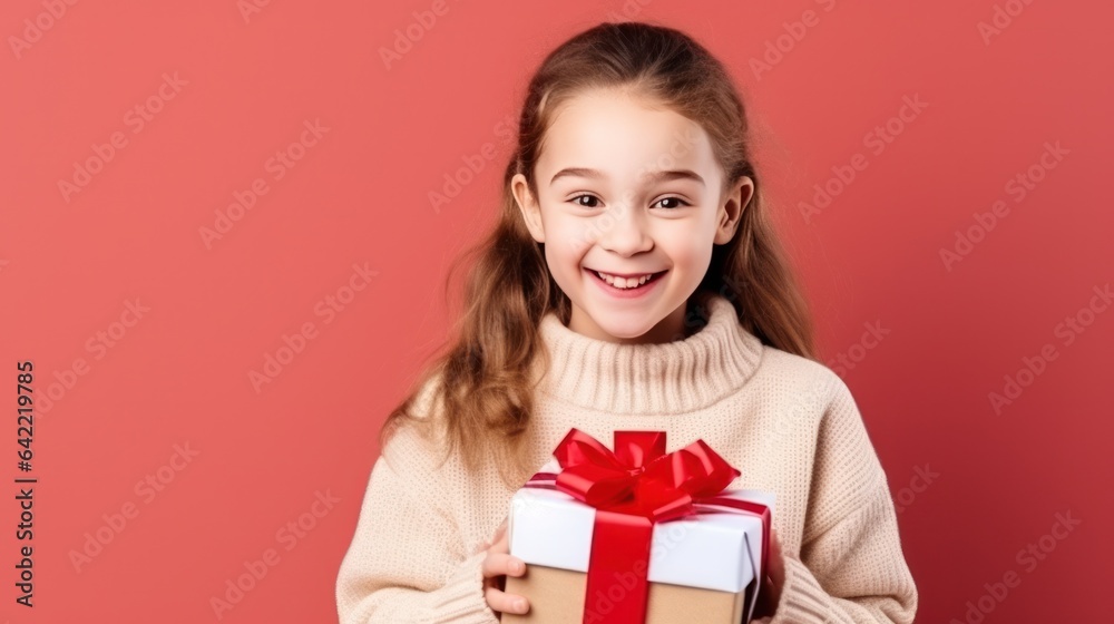 Girl with gift box on vivid background